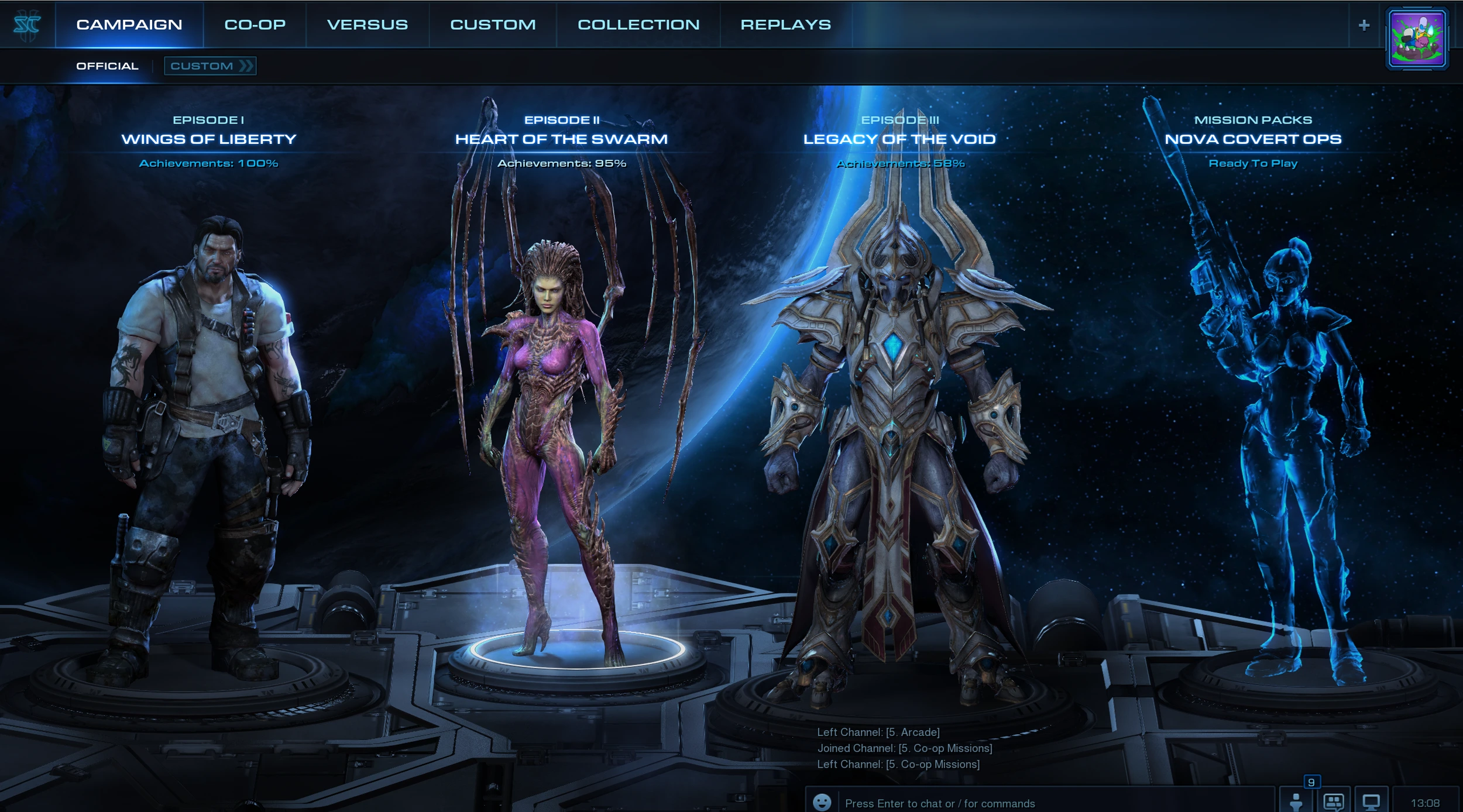 StarCraft II campaign selection interface