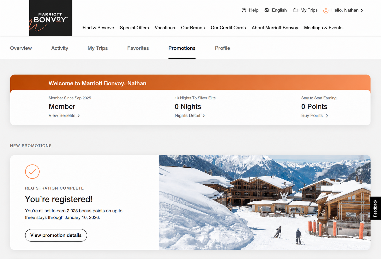 Marriott Bonvoy account page showing a completed promotion registration, with a Registration Complete confirmation and the bonus points the member is now eligible to earn on an upcoming stay