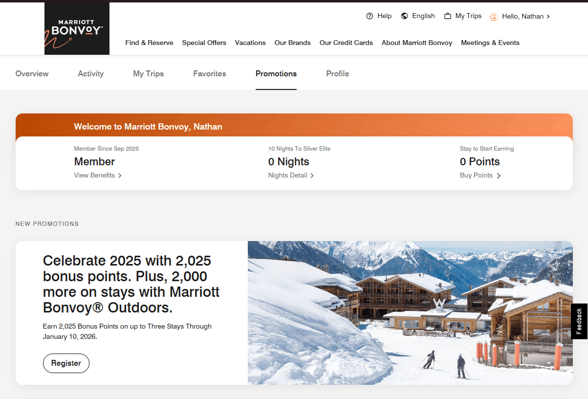 Marriott Bonvoy account page displaying a member's personalized promotional offers