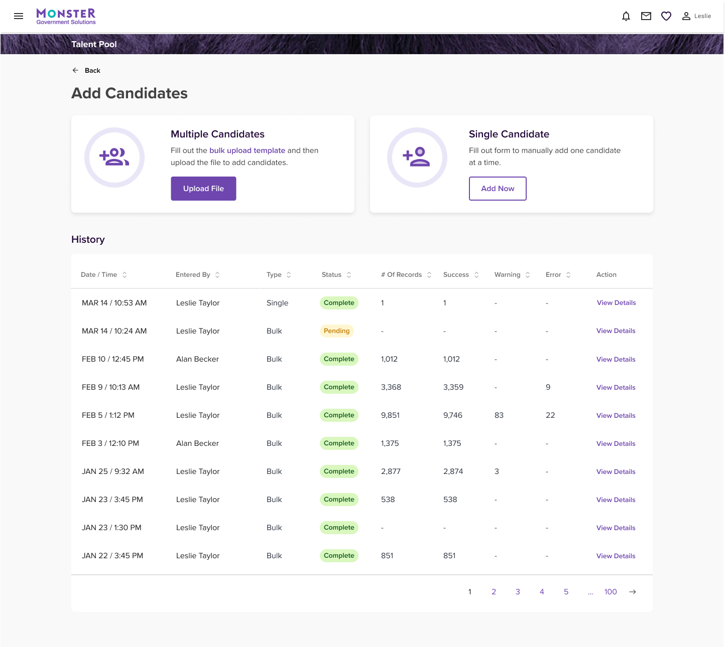 Bulk upload workflow with validation, processing history, and upload status