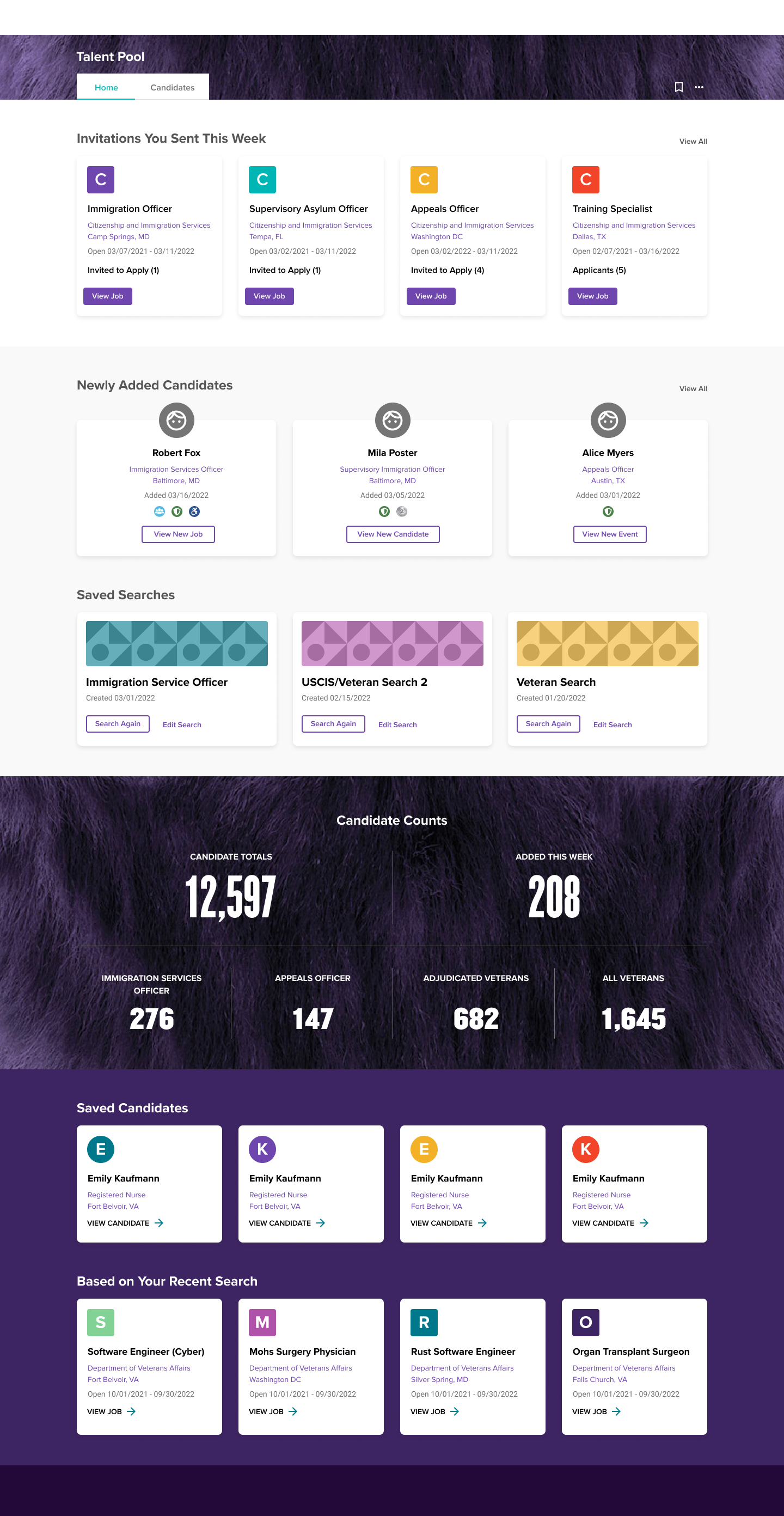 Dashboard providing a centralized workspace for recruiting activity