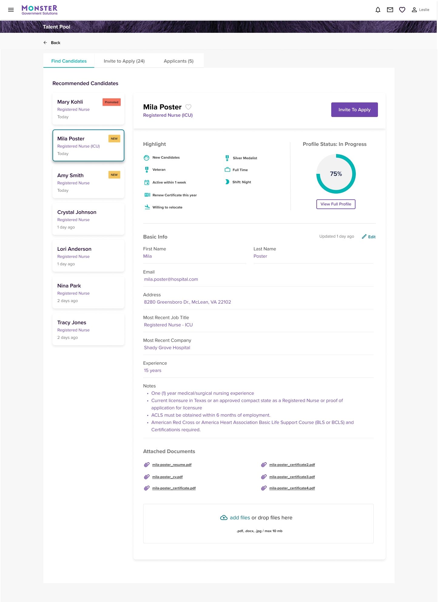 Candidate table view with inline actions and filtering capabilities