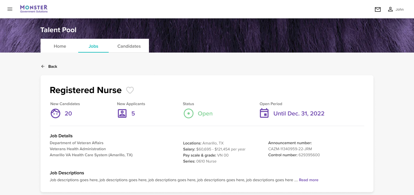 Job announcement header showing key requisition metadata and controls