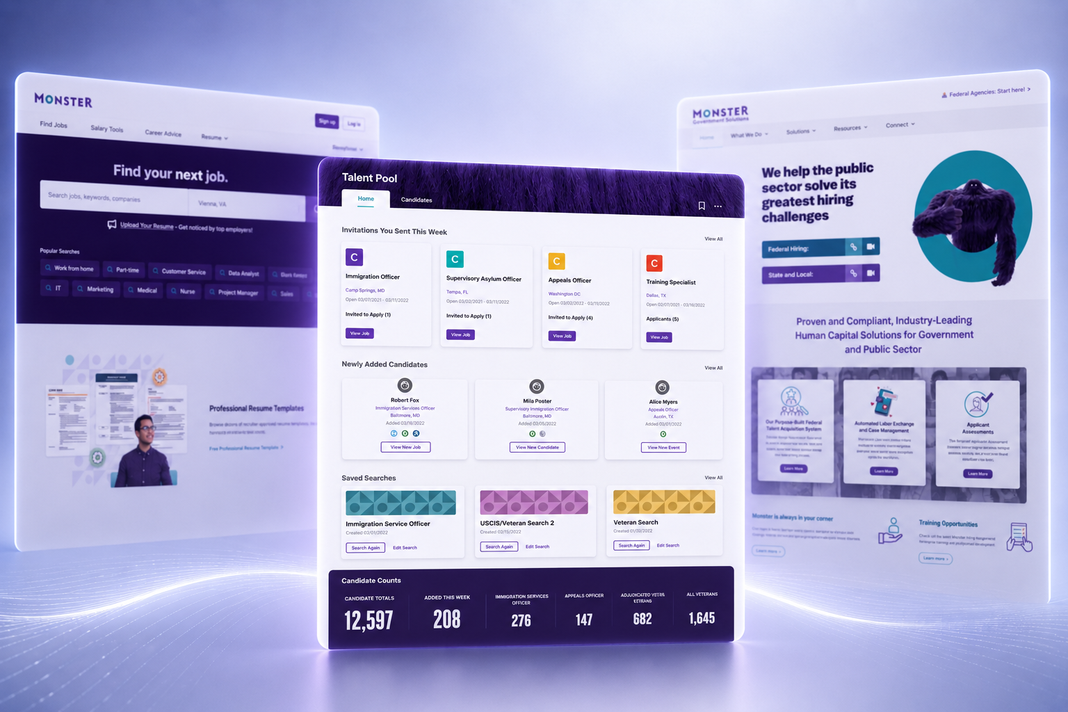 Composite of three Monster Government Solutions product home screens, including the Talent Pool dashboard, shown front-facing with subtle overlap and depth