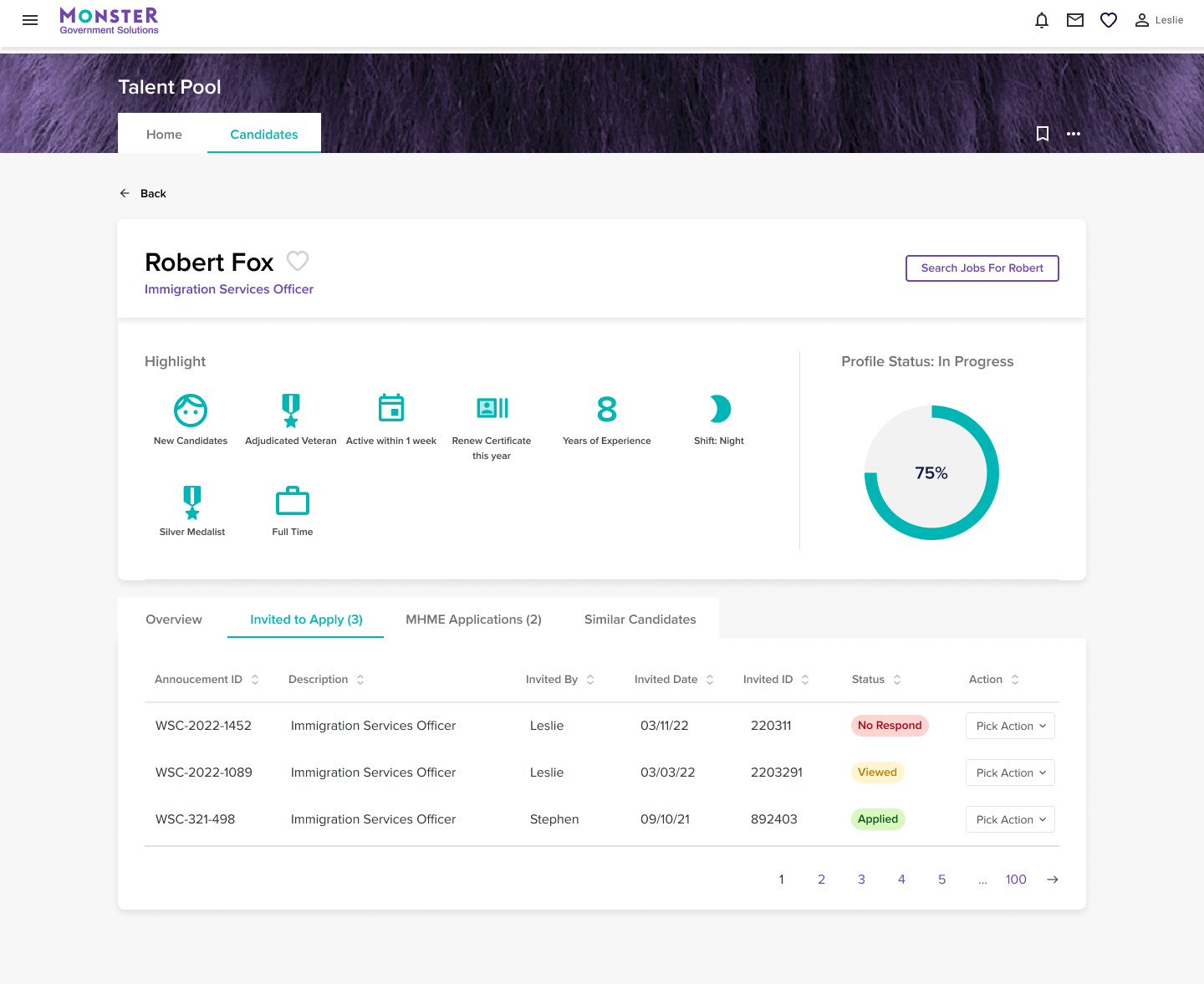 Candidate profile prioritizing key recruiting signals before detailed information